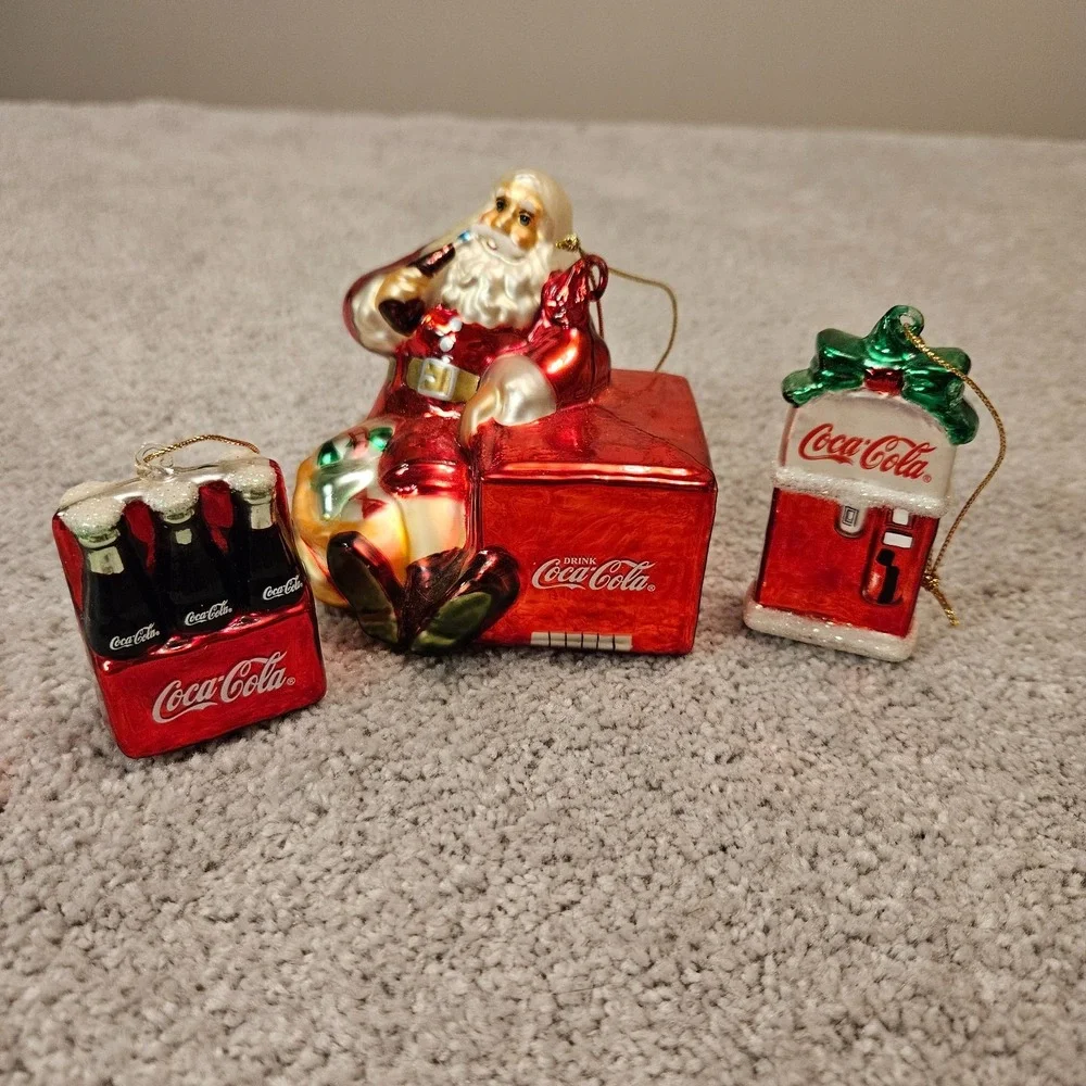 Vintage Coca-Cola Glass Christmas‎ Ornaments Lot of 3 Santa Bottles Vending